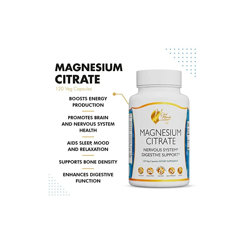Coc March N.M.D Coco March Magnesium Citrate - Relaxation- Sleep - Nervous & Digestive System Support, Gluten Free, Soy Free, Dairy Free, Keto Friendly, Vegan, 800 mg per Serving, 120 Capsules