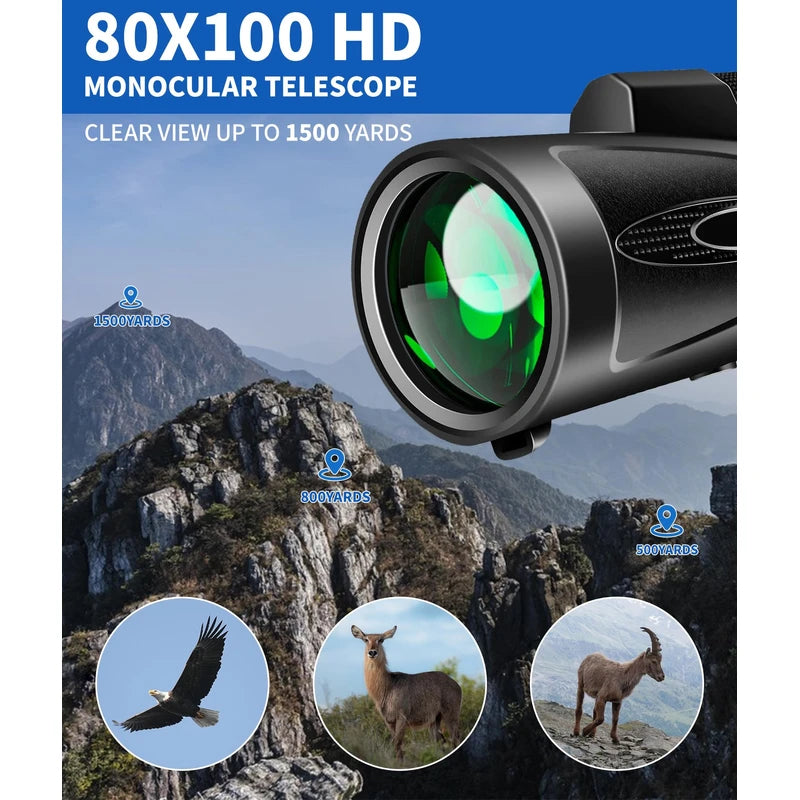 80x100 High Power Monocular Telescope with Smartphone Adapter Tripod, Larger Vision Monoculars for Adults with BAK4 Prism, Suitable for Bird Watching Hunting Hiking Camping Wildlife