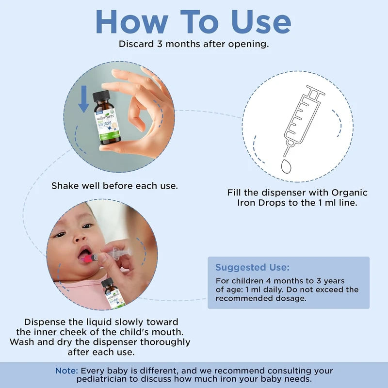 Wellements Organic Iron Drops for Babies & Toddlers (1 fl oz) | Cherry Flavor Liquid Iron Supplement | For Infants 4+ Months to 3 Years | Supports Growth & Development