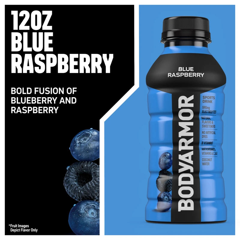 BODYARMOR Sports Drink Sports Beverage, Blue Raspberry, Natural Flavors With Vitamins, Potassium-Packed Electrolytes, No Preservatives, Perfect For Athletes, 12 ounce (Pack of 8)