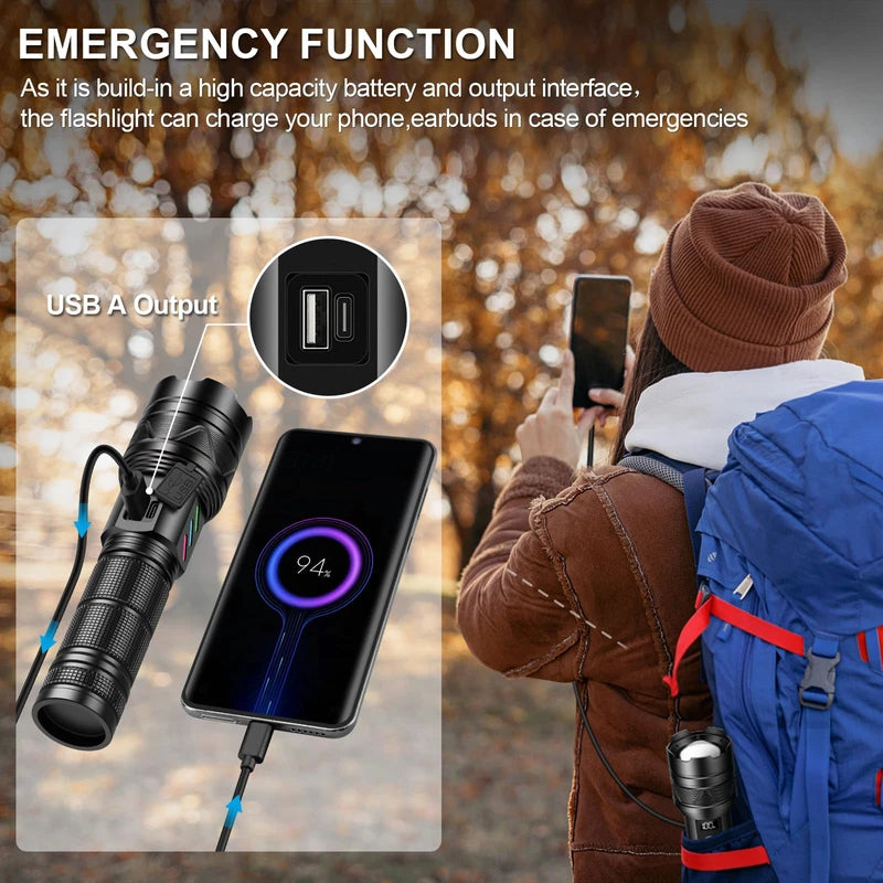 Rechargeable Flashlights 1000000 High Lumens, Long Range 5000ft, Super Bright LED Flashlight USB C, High Powerd Multi-functional Heavy Duty Strong Flash Light High Beam, For Emergency Security Camping