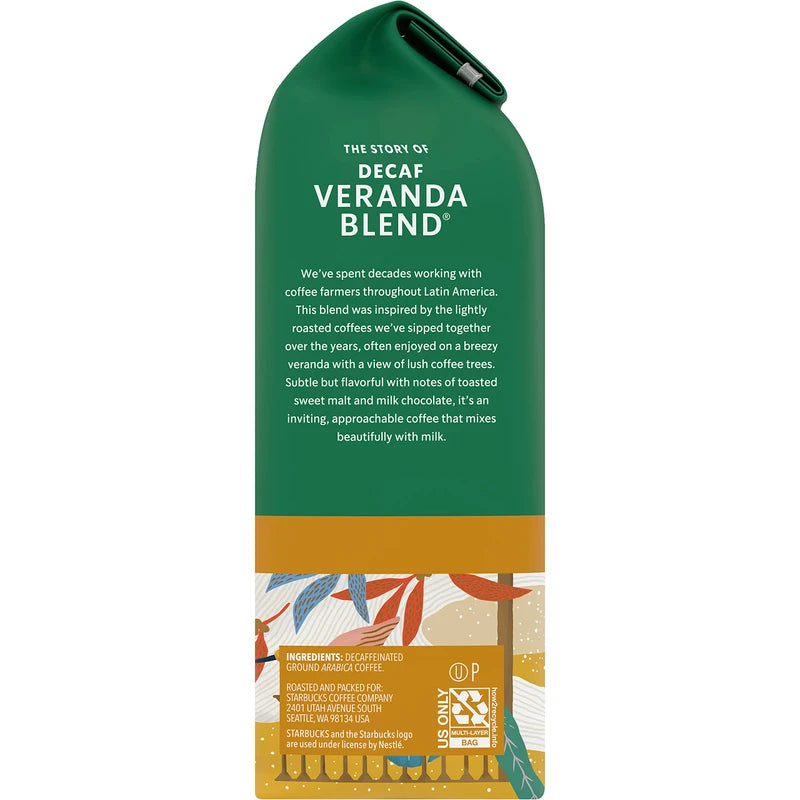 Starbucks Decaf Ground Coffee, Decaf Veranda Blend, Blonde Roast, Decaffeinated Ground Coffee, Lightly Roasted 100% Arabica Coffee, 12 Ounce (Pack of 2)