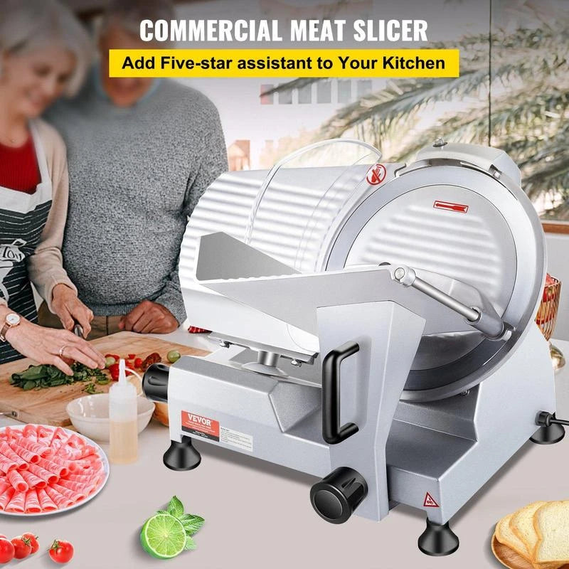 VEVOR Commercial Meat Slicer, 240W Electric Deli Food Slicer, 10" Carbon Steel Blade Electric Food Slicer, 350-400RPM Meat Slicer, 0 - 0.47 inch Thickness Adjustable for Commercial and Home Use - Blade Diameter: 7.5 inch - 180W
