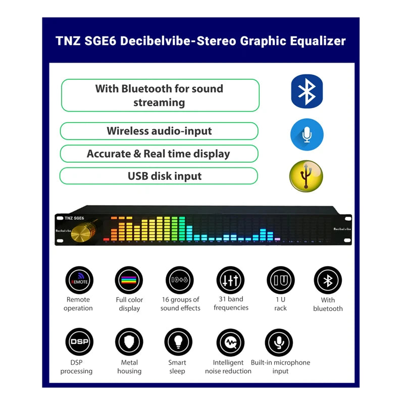 Decibelvibe TNZ SGE6 - Audio Graphic Equalizer with Rear RCA/3.5 Auxiliary Input and Output, Built-in Microphone, USB and Bluetooth Input, Preamp for Home Audio, DJ, HiFi Audio Setup (Gold)