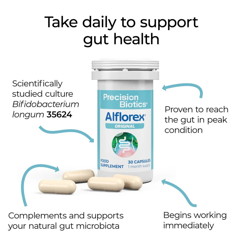 PrecisionBiotics Alflorex Original - Daily Gut Health Probiotics Supplement with Unique Bifidobacterium Longum Bacteria Strain 35624 - Bacterial Cultures - 30 Capsules