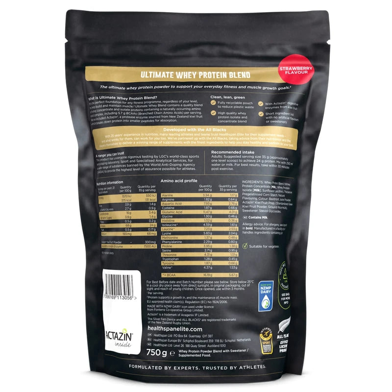 Healthspan Elite All Blacks Ultimate Whey Protein Blend 750g | Whey Concentrate & Isolate Proteins | 24g Protein Per Serving | Muscle Gain | 5.7g BCAAs | Contains Actazin | Vegetarian (Strawberry)