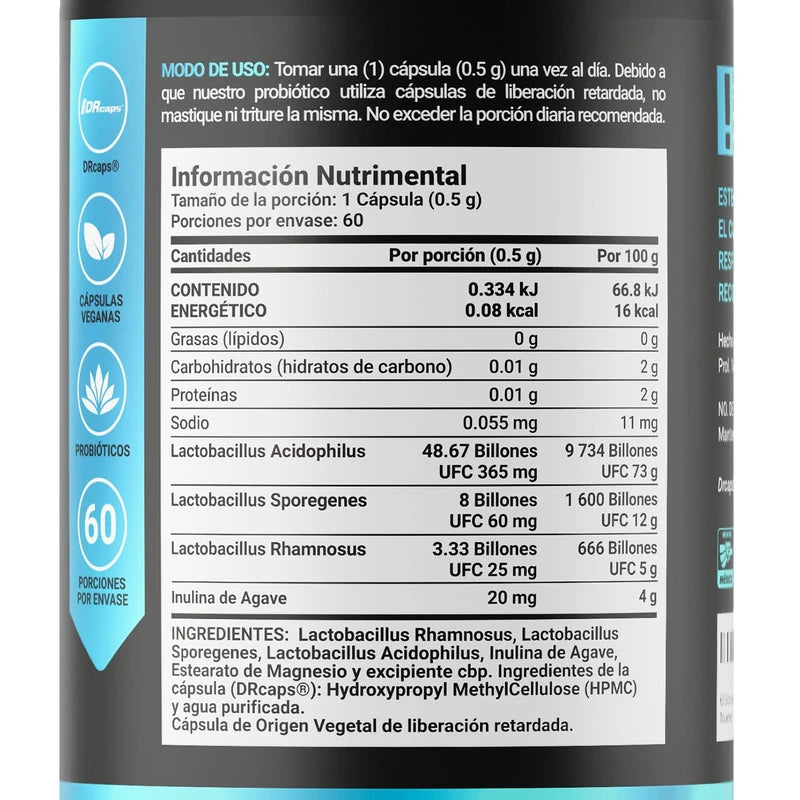 60 Billones de Probióticos 3 diferentes Cepas 60 Cápsulas Veganas. Ingredientes naturales. 60 Billion Probiotics B Life.