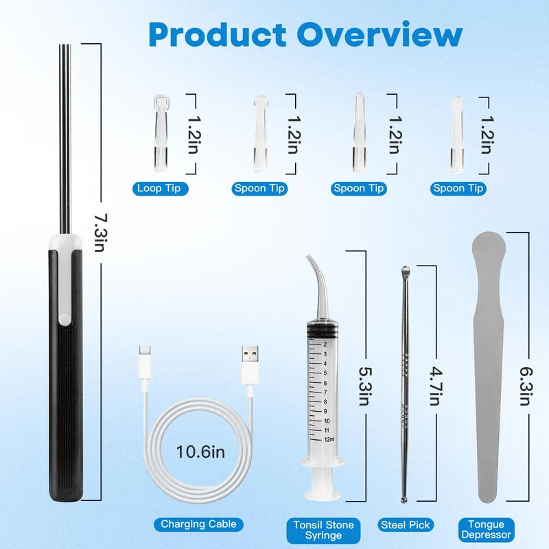 Tonsil Stone Remover Kit with Camera, Visual Tonsil Stone Removal Tool with LED Light, Rechargeable Tonsillolith Removal Tool with 4 Head - Fight Bad Breath - Attachments for iOS & Android(Black)
