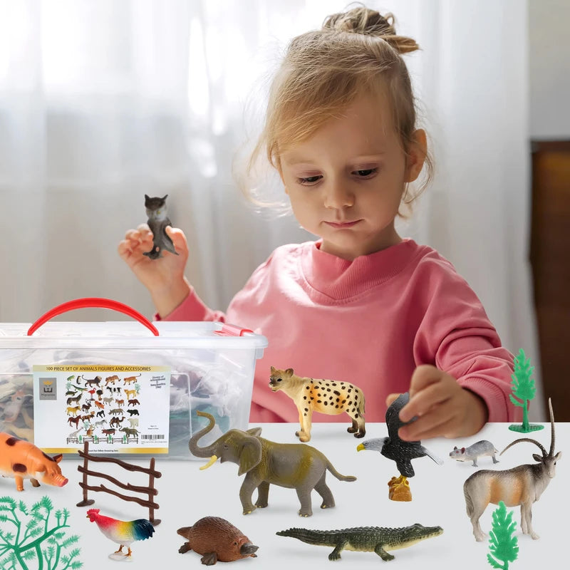 Migration 100 Piece Set of Animal Plastic Figures Playset, Includes Wild, Safari, Zoo, Jungle, Farm, Forest, Desert, Ocean Animals, Birds, Action Toy Figures Accessories and Container