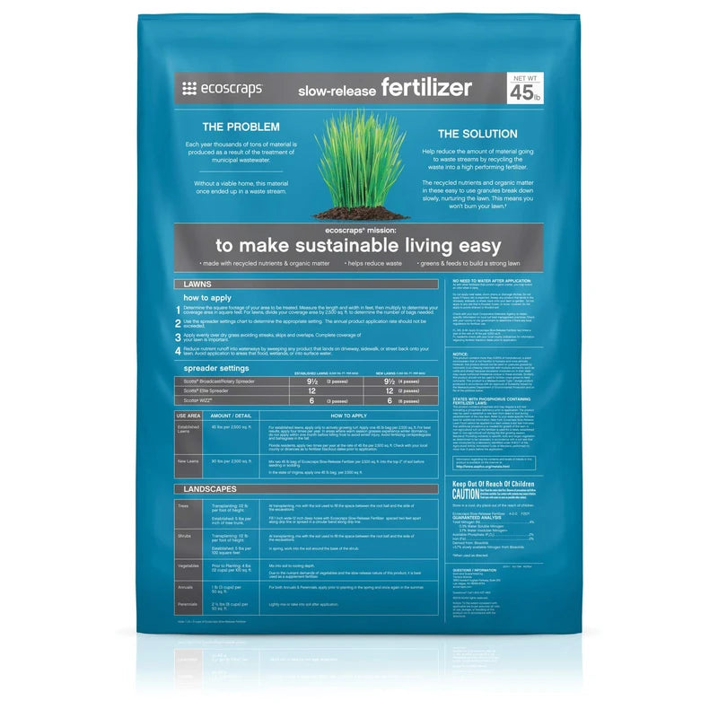 EcoScraps Slow-Release Fertilizer, Made with Recycled Nutrients and Organic Matter, Covers up to 2,500 sq. ft., 45 lbs.