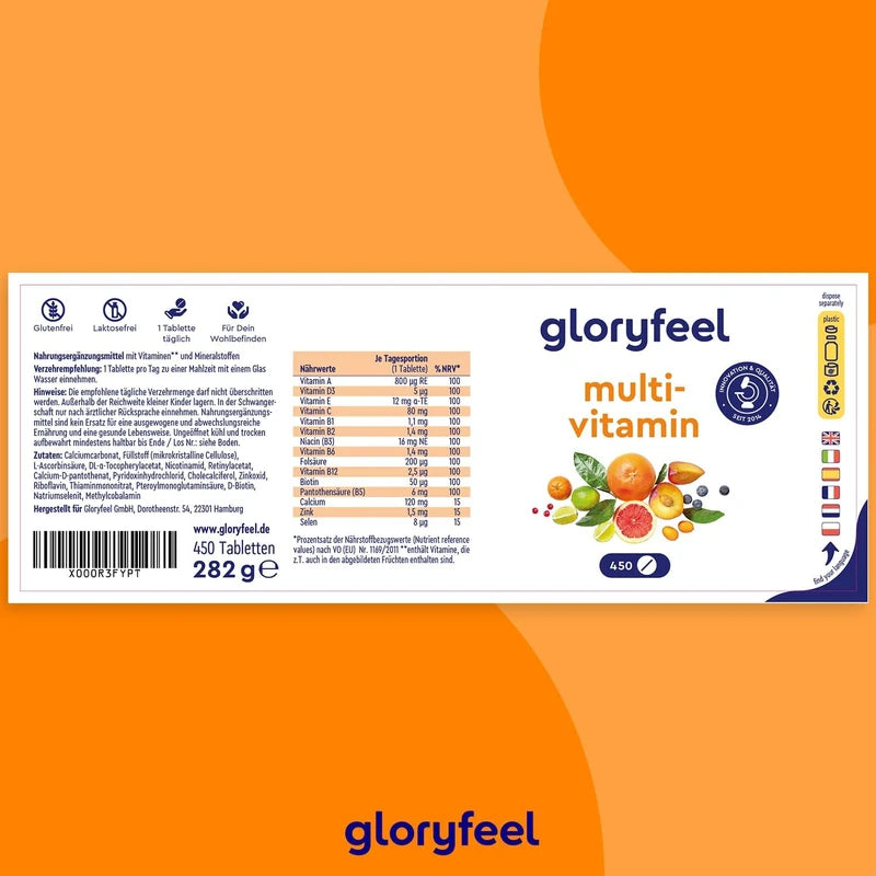 gloryfeel High Dose Multivitamin, 450 Tablets (15 Months), All Valuable A-Z Vitamins and Minerals, Supports the Immune System, Laboratory Tested without Additives, Made in Germany