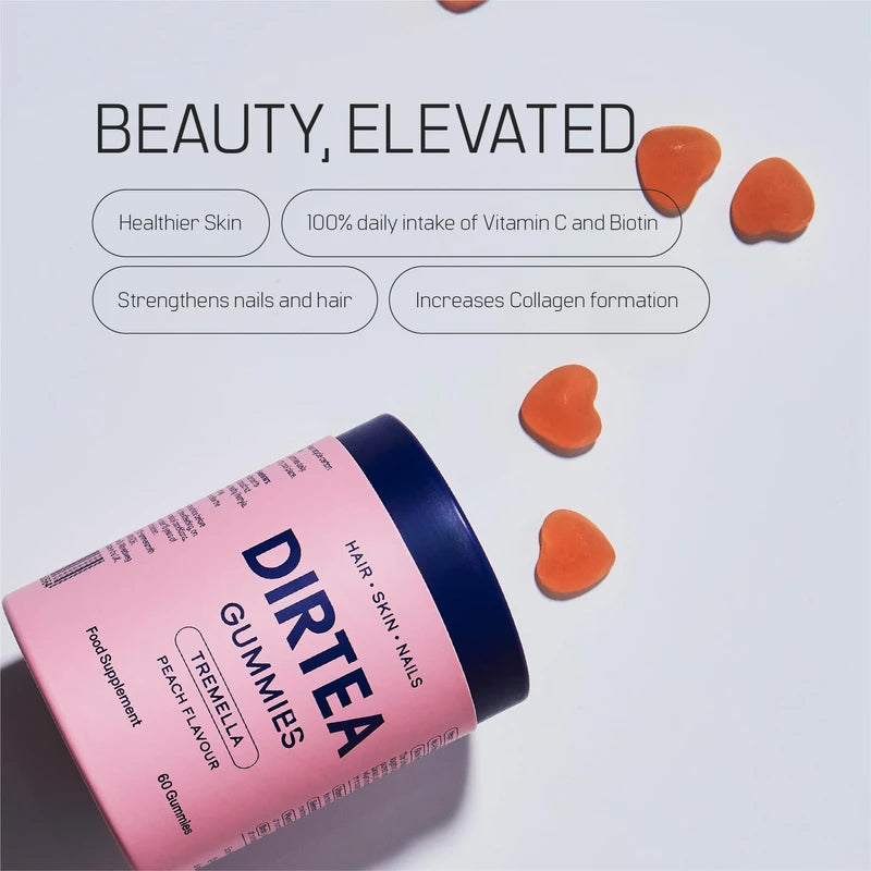 DIRTEA 60 Tremella Mushroom Gummies with Biotin & Vitamin C | Hair, Nail & Skin Supplement (1 Month's Supply) | 3,000mg / Serving | Vegan, Natural & Sugar Free | 60 Gummies - Peach Flavour