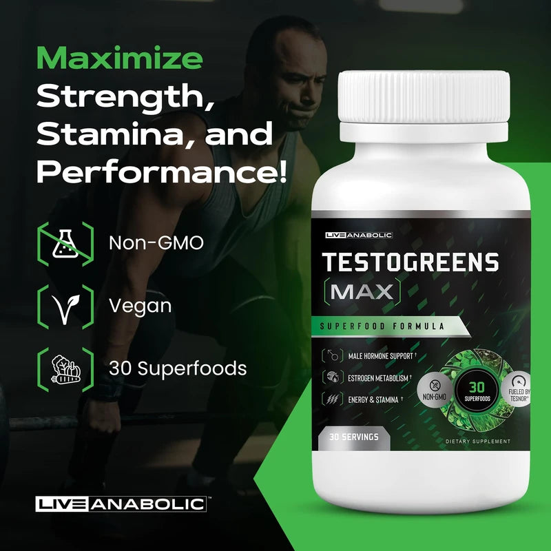 Live Anabolic TestoGreens MAX 30-Day Supply - Men’s Daily Supplement with Tesnor, DIM & Bioperine for Natural Hormone Balance, Enhanced Energy & Stamina, Includes Powerful Plant Extracts