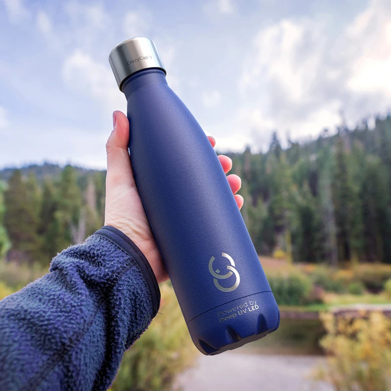 CrazyCap 2.0 UV Water Purifier & Self Cleaning Stainless Steel Insulated Water Bottle - Turns Any Water Source Into Clean Drinkable Water - Perfect for Hiking, Camping, Travel and Survival