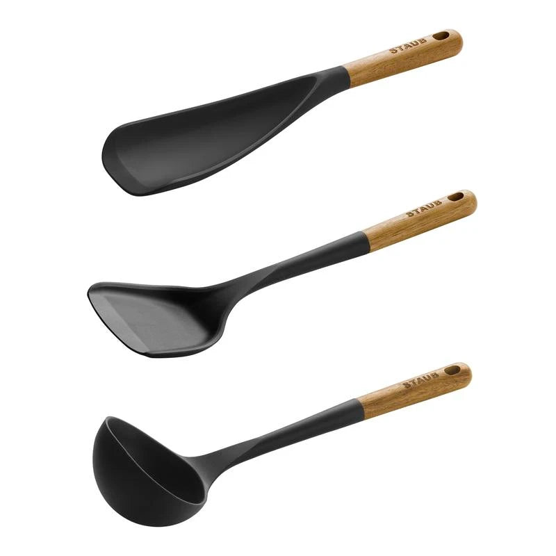 STAUB Silicone Kitchen Tools, Wood Handled Cooking Utensil Sets - Color: Matte Black, Size: 3-pc
