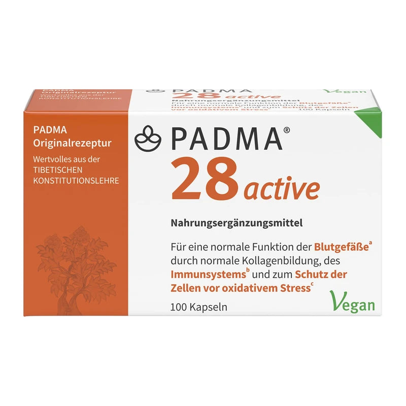 PADMA 28 active 100 Caps. Tibetan Formula 28 of Herbs & Minerals + Vitamin C. It Supports an Active Immune System, Blood Vessels, Regeneration & Protection Against Oxidative Stress