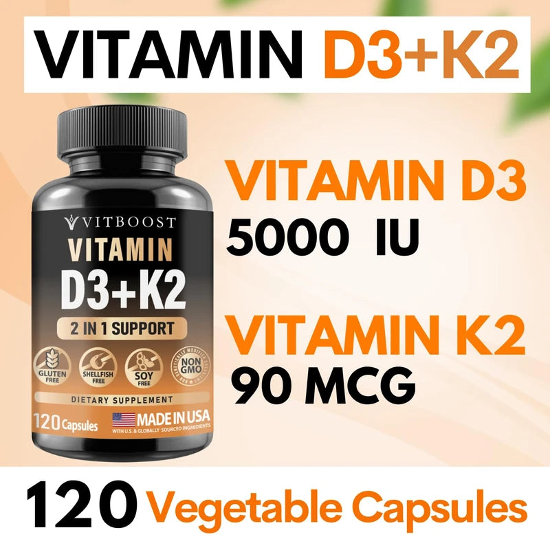 VITBOOST Vitamin D3 K2 Complex - Easy to Swallow - Vitamin D (D3) 5000 IU (125 mcg) & K2(MK-7) 90 mcg | Non-GMO | Gluten-Free | USA Made | 120 Capsules