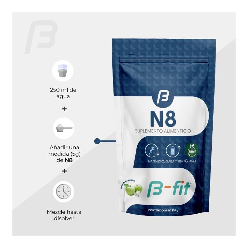 B-Fit | Nootrópicos naturales N8 | 150g | Suplemento alimenticio en polvo | Sin eritritol | 30 porciones | Con magnesio, gaba y triptófano