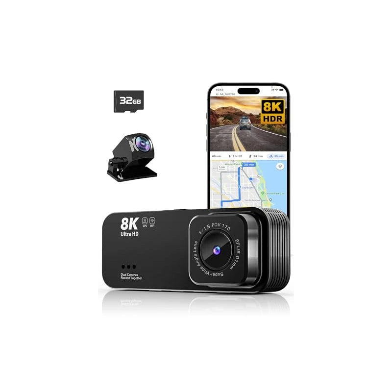 Dash Cam Front and Rear, Ultra HD 8K Dash cam, Dash Camera with Night Vision, Dash Camera for Cars, Built-in Wi-Fi & GPS, WDR, 3.16" IPS Screen, 170°Wide Angle, Free 32GB Card, 24Hrs Parking Mode