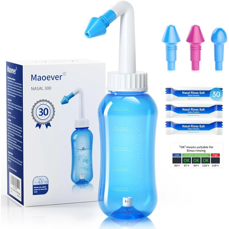 MAOEVER MAOEVER Neti Pot Sinus Rinse Bottle Nose Wash Cleaner Pressure Rinse Nasal Irrigation for Adult & Kid BPA Free 300 ML with 30 Nasal Wash Salt Packets and Sticker Thermometer(Blue)