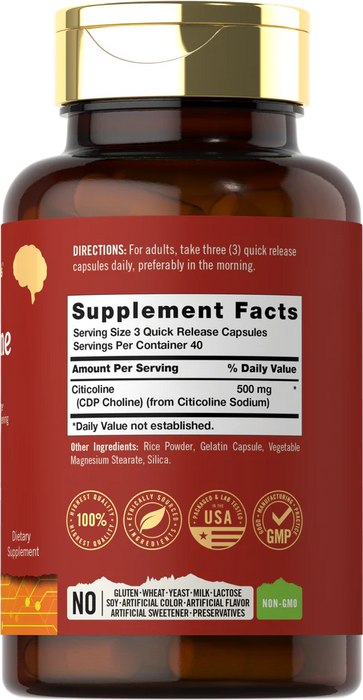 Citicoline Supplements 500mg | 120 Capsules | CDP Choline | Non-GMO, Gluten Free | by Carlyle