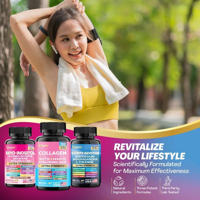 She Shines Set - Zoyava Ultimate Women's All-in-One Supplement with Corti-Soothe, Myo-Inositol, Collagen & Extra Strength Ingredients - Made in USA