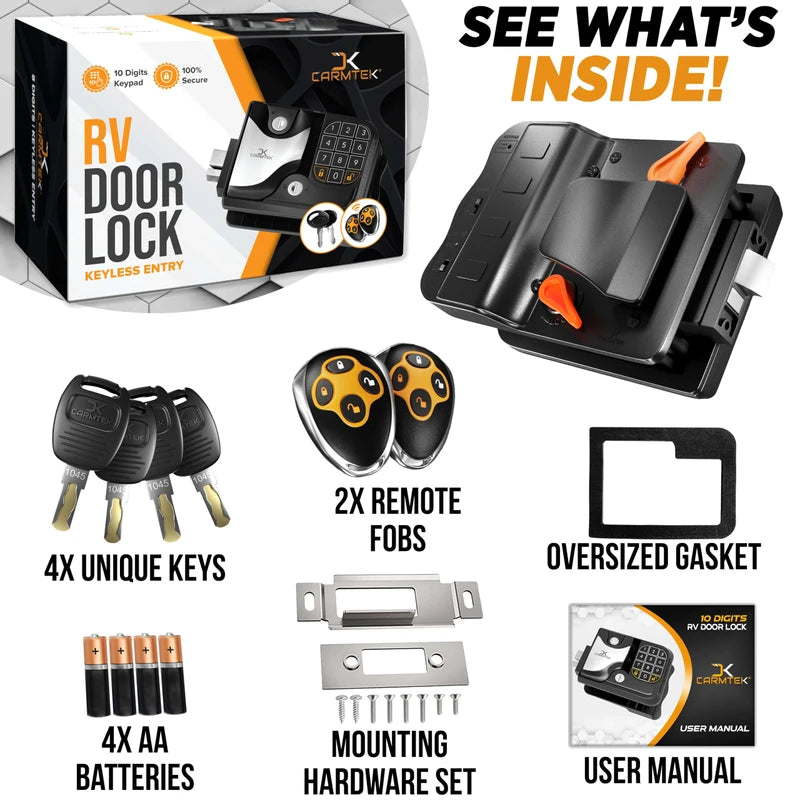 CARMTEK - 10 Digits RV Keyless Entry Door Lock | 100% Metal RV Door Lock Keyless Entry | Keyless RV Door Locks w/ 2 Inside Latches | RV Keyless Locks w/ 2 Fobs | Only Fit 3.75" x 2.75" Lock Hole