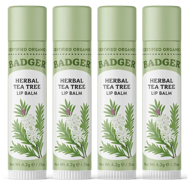 Badger - Herbal Lip Balm, Tea Tree & Lemon, Certified Organic Lip Balm, Fair Trade, Herbal Lip Care, 0.15 oz (4 Pack)