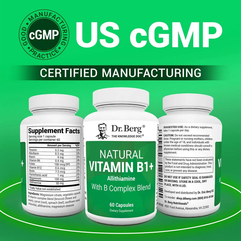 Dr. Berg Nutritionals Dr. Berg Natural Vitamin B1 B6 B12 Complex - Allithiamine Vitamin B1 Supplement with 8 Essential Vitamin B Complex for Men & Women Including Thiamin, Niacin, Folate, Magnesium & More - 60 Capsules