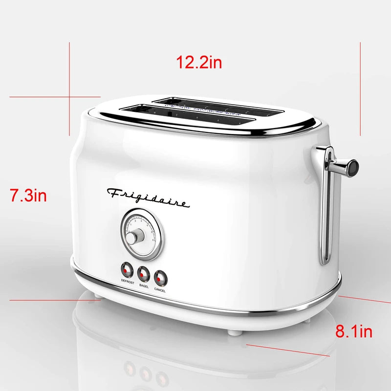 Frigidaire ETO102-WHITE, 2 Slice Toaster, Retro Style, Wide Slot for Bread, English Muffins, Croissants, and Bagels, 5 Adjustable Toast Settings, Cancel and Defrost, 900w, White