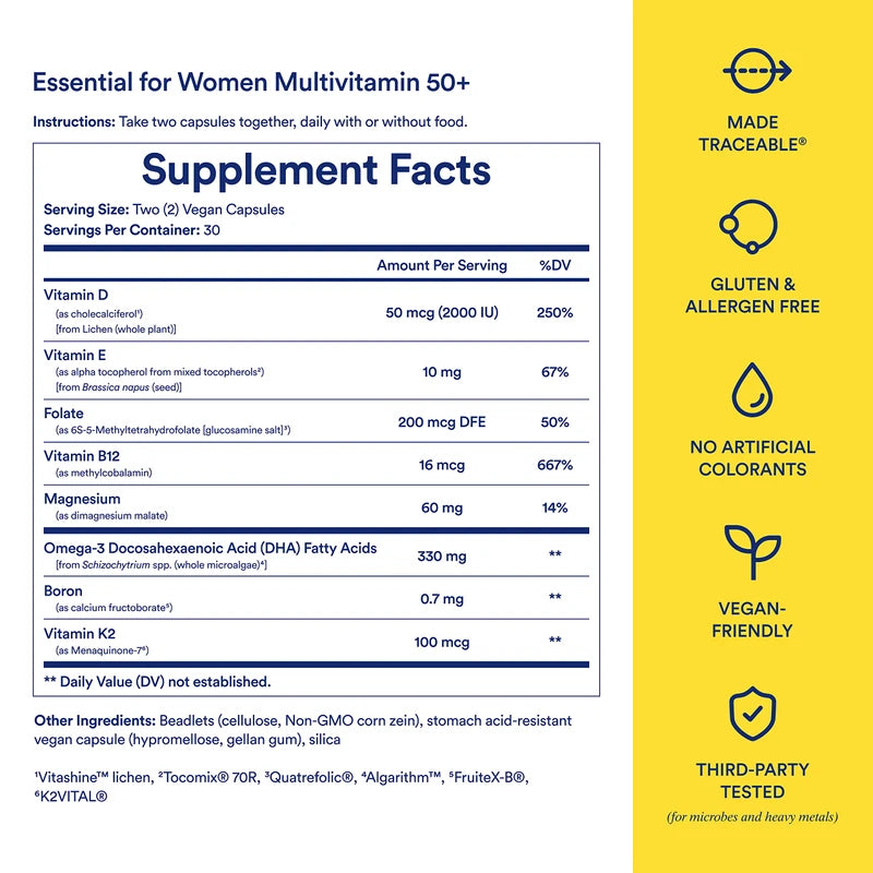 Ritual Ritual Multivitamin for Women 50+, Menopause Supplements with Vitamin D3, K2 and Magnesium for Bone Support*, Omega-3 DHA, Vitamin B12, Non-GMO, Mint Essenced, 30 Day Supply, 60 Vegan Capsules