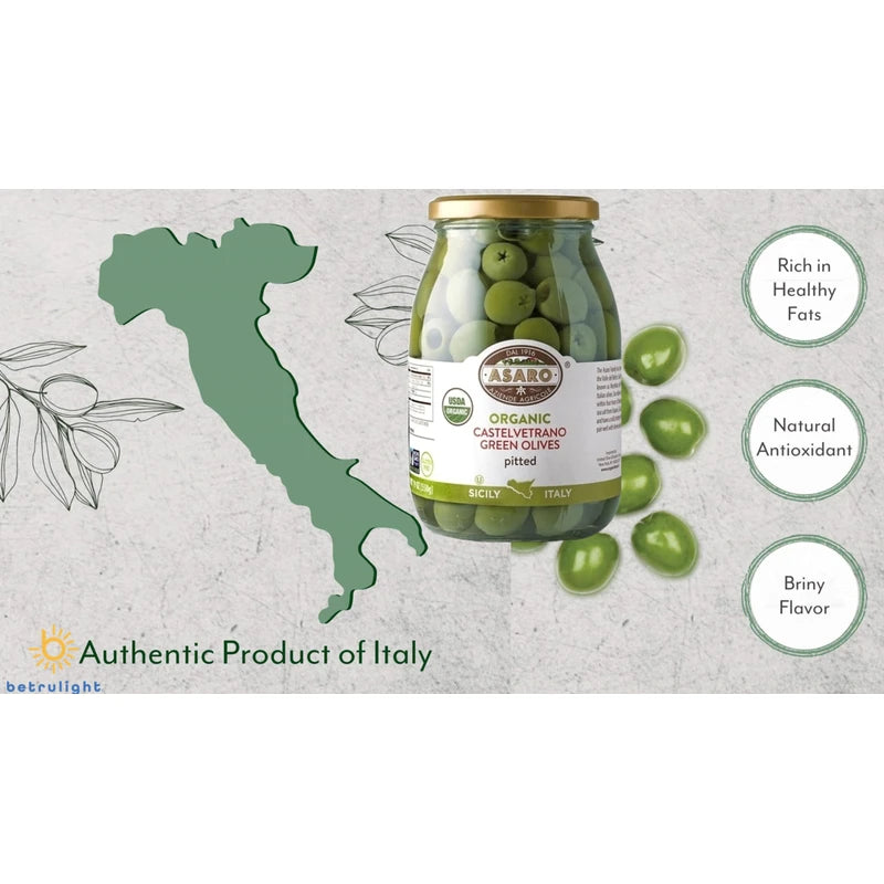 Organic Olives |ASARO Organic Castelvetrano Green Pitted Olive Is GMO FREE, GLUTEN FREE, VEGETARIAN, VEGAN & Keto Friendly Olives Good for Healthy Snacks On the Go, Salad and Cocktails Bundled with BETRULIGHT Fridge Decal - 19 OZ Glass Jar ( Pack of 2 )