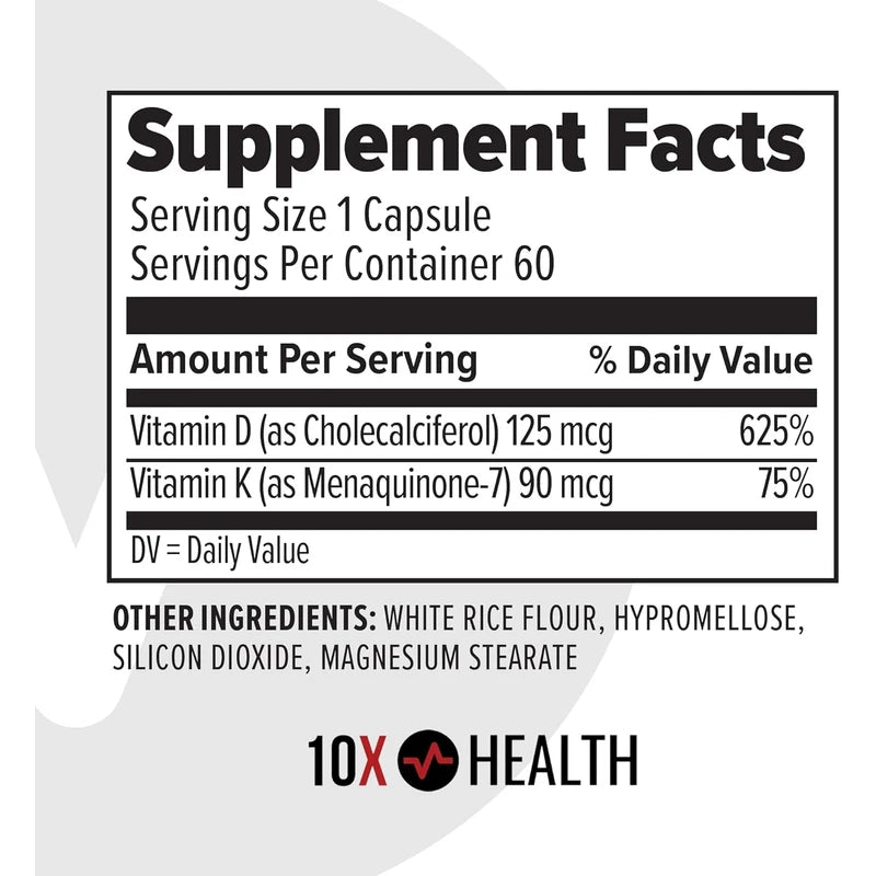Vitamin D3 K2, 10X Health Vitamin D3 K2 - Loaded with 125 mcg Vitamin D and 90 mcg Vitamin K (Menaquinone 7) - D3 and K2 Supplements That Support Bone Health, Heart and Teeth - 60 Capsules