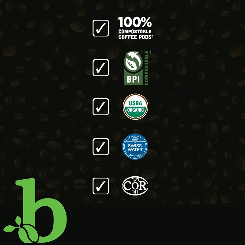 beaniac Organic Down Time Decaffeinated Medium Roast, Single Serve Coffee Pods, Arabica Coffee, Plant-Based, 30 Count