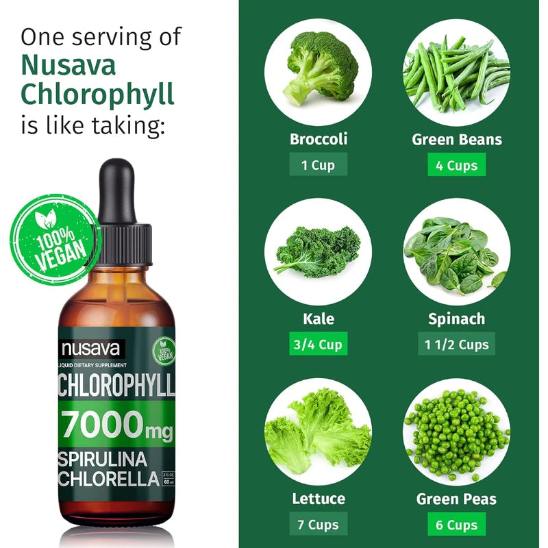 (2 Pack) Vegan Chlorophyll Liquid Drops 7000mg for Immune Support, Energy, Gut & Skin Health, 4-in-1 Liquid Chlorophyll Drops - 100mg, Spirulina, Chlorella, & Copper - Internal Deodorant, 4 Fl Oz