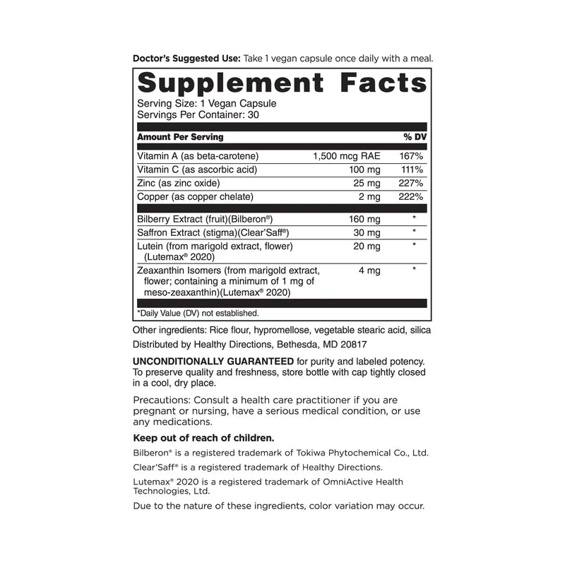 DOCTORS' PREFERRED Clinical-Grade OcuGold with Lutein and Zeaxanthin, Bilberry, Saffron for Macula & Retina Health, Digital Eye Strain, Eye Fatigue and Visual Performance - 30 Vegan Capsules