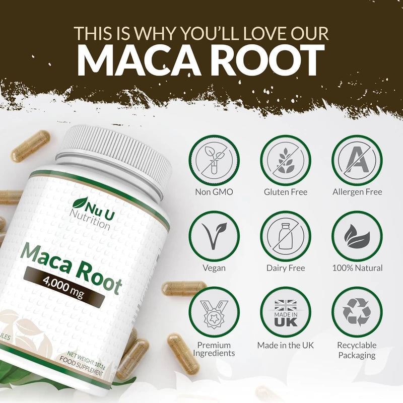 Maca Root Capsules 4000mg – 180 Vegan Capsules – 6-Month Supply – High-Strength Peruvian Maca for Men & Women – Made in the UK by Nu U Nutrition
