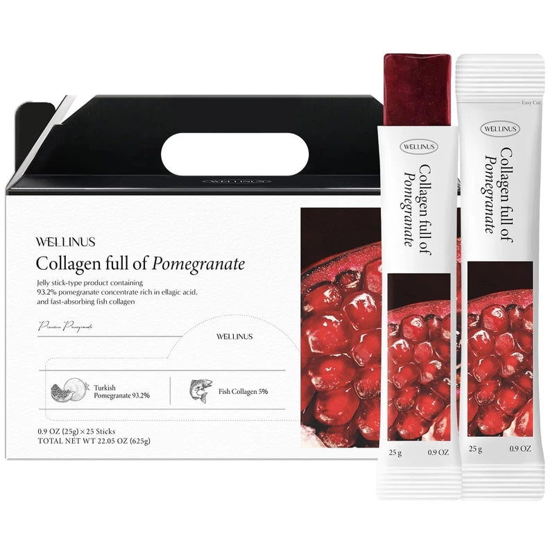 WELLINUS Pomegranate Full of Collagen, Jelly Stick, Marine Collagen, Fast Absorbing, Snack, Ultra-Low Weight Molecular Marine Collagen, HACCP Certified, 22.05 oz/Pack of 25