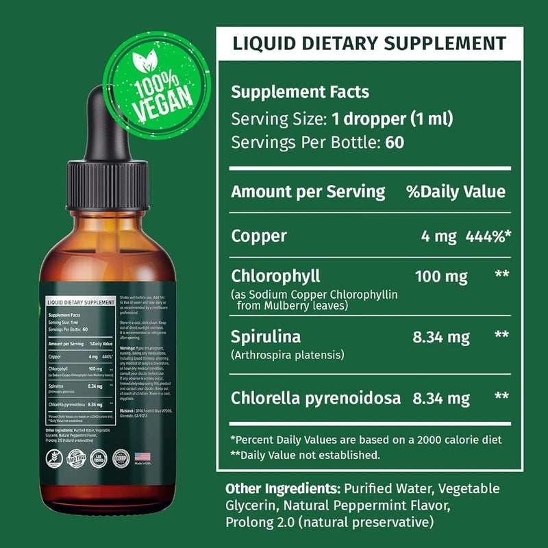 (2 Pack) Vegan Chlorophyll Liquid Drops 7000mg for Immune Support, Energy, Gut & Skin Health, 4-in-1 Liquid Chlorophyll Drops - 100mg, Spirulina, Chlorella, & Copper - Internal Deodorant, 4 Fl Oz