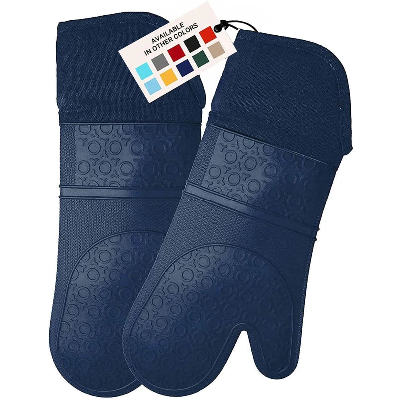 HOMWE Extra Long Professional Silicone Oven Mitt, Oven Mitts with Quilted Liner, Heat Resistant Pot Holders, Flexible Oven Gloves, Navy Blue, 1 Pair, 14.7 Inch