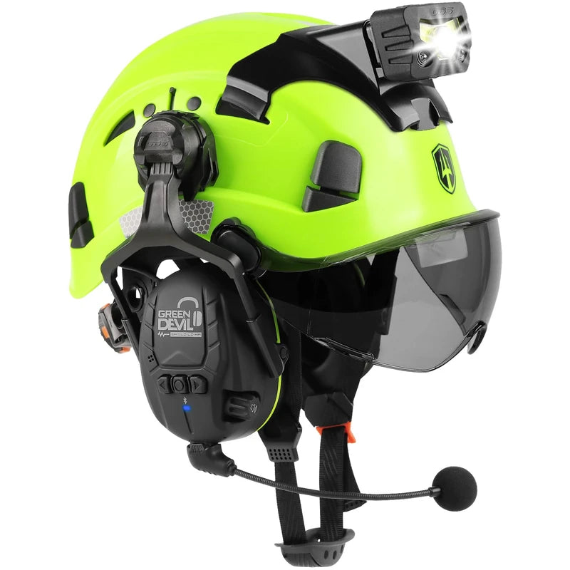GREEN DEVIL Hard Hat Safety Helmet with Visor Bluetooth Ear Muffs and Headlamp 5 in 1 Full Protection Vented Work Hardhat ANSI Z89.1 Cascos De Construccion for Industrial Construction Forestry