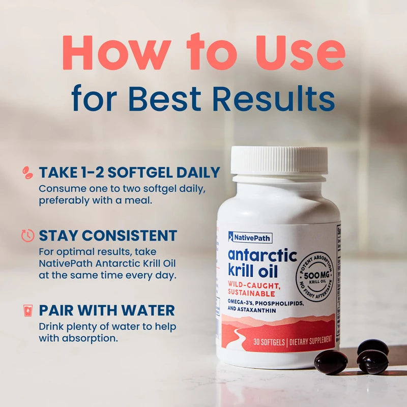 NativePath NativePath: Antarctic Krill Oil - Wild-Caught Krill Omega-3 Fatty Acids with EPA and DHA - 30-Day Supply - Supports Your Joint, Heart, Brain and Immunity - Pure Formula, No Fishy Taste
