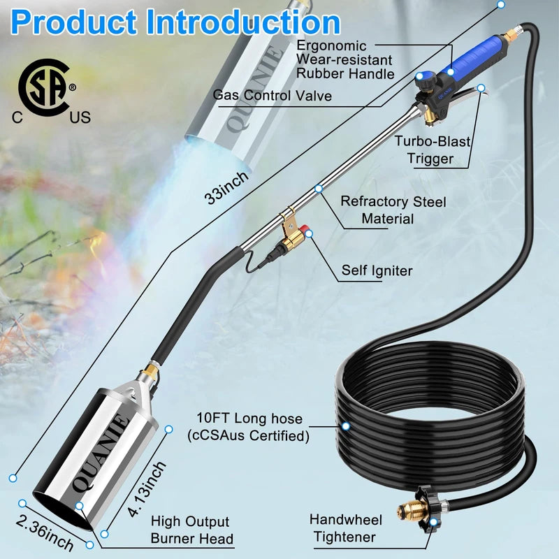Propane Torch Weed Burner Kit,High Output 1,200,000 BTU with Self Igniter and Turbo Trigger,Heavy Duty Blow Torch with 10FT Hose,Flamethrower for Weeding,Roofing,Melting Snow,Road Paint Removing