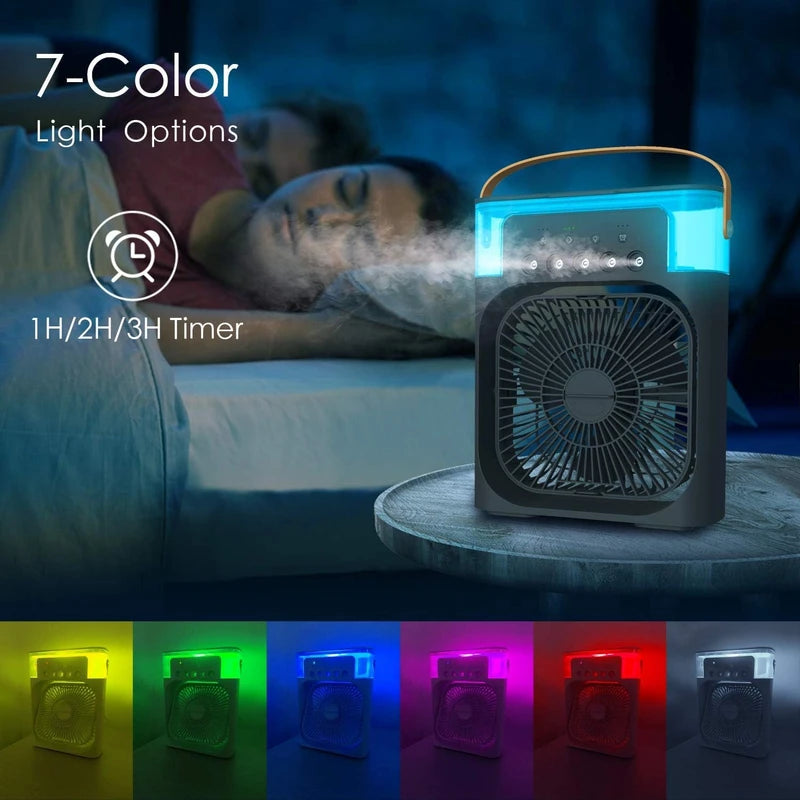 Mini Frost Fan, Portable Air Conditioner AC Cooler Humidifier, Personal Air Cooler With1/2/3 H Timing, 7 Colors LED Light, 3 Wind Speeds and 3 Spray Modes, for Office Home Dorm Travel (White)
