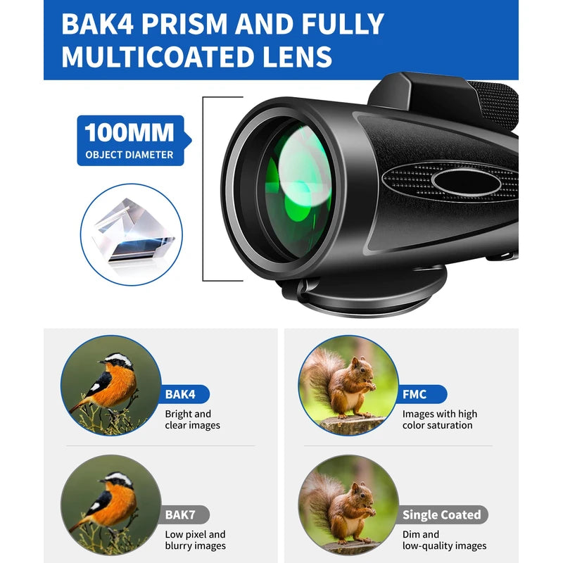80x100 High Power Monocular Telescope with Smartphone Adapter Tripod, Larger Vision Monoculars for Adults with BAK4 Prism, Suitable for Bird Watching Hunting Hiking Camping Wildlife