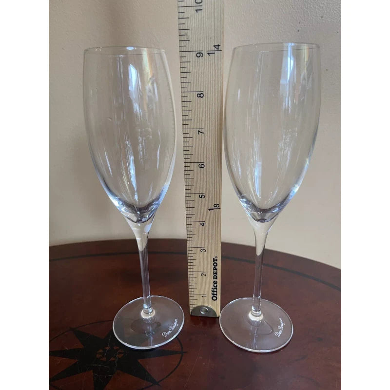 Dom Perignon Signed DOM PERIGNON Crystal Etched SHIELD LOGO 9 1/8" CHAMPAGNE FLUTES Set Of 2