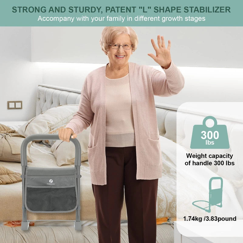 Bed Rails for Elderly Adults Assist Safety for Seniors Hand Bar Grab with Storage Pocket Patent Stabilizer with Fixing Strap, Support Up to 300lbs Grey