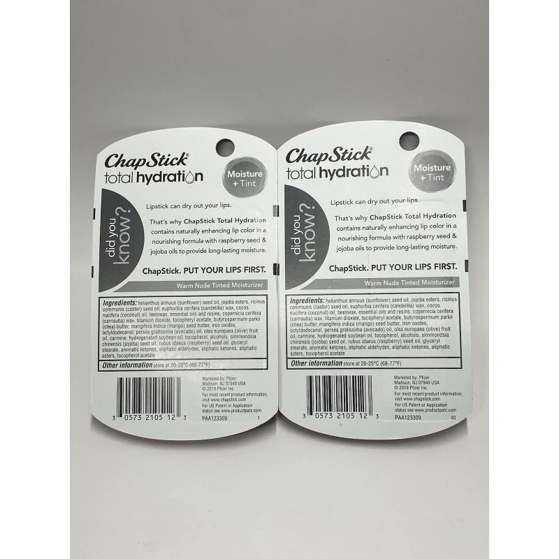 ChapStick Total Hydration Moisture Hint Of Tint Lip Balm Warm Nude 0.12 Oz Lot 2