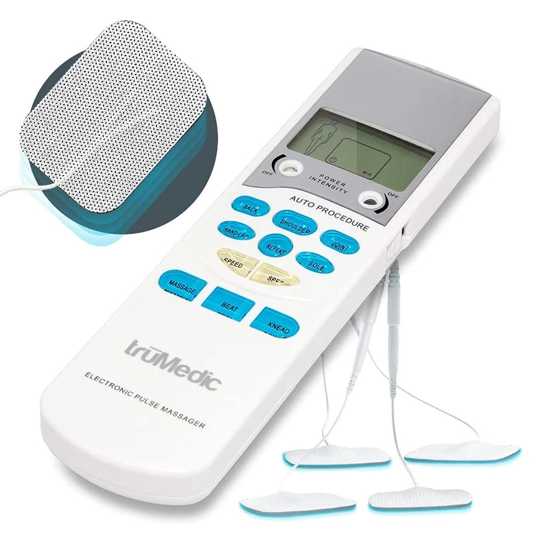 TruMedic TENS Electronic Pulse Unit & 4 Electrode Pads - For Muscle Stiffness, Soreness, Aches & Pains, Perfect for Relaxing Tight Muscles & Nerves for Electrotherapy Pain Management (PL-009)