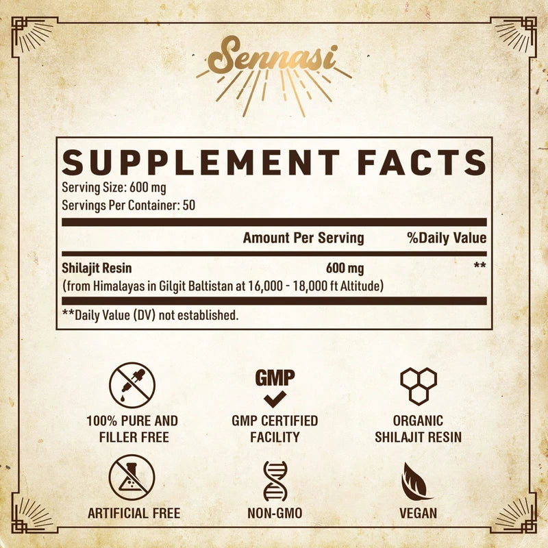 Sennasi Shilajit Pure Himalayan Organic Shilajit Resin - 600mg Maximum Potency Natural Organic Shilajit Resin with 85+ Trace Minerals & Fulvic Acid for Energy, Immune Support, 30 Grams (1 Pack)